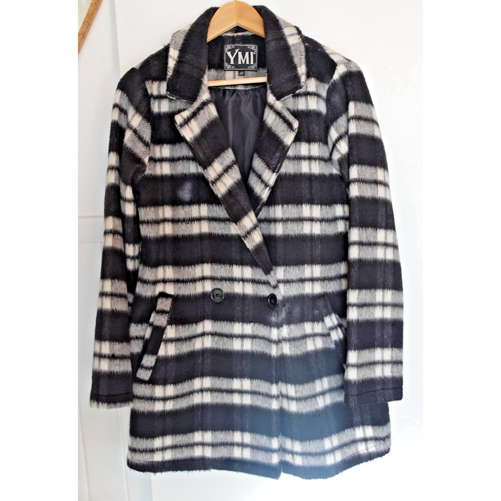 Vintage Y2K YMI Coat Large Black White Plaid 90s Fuzzy Oversized Jacket‎ Wool